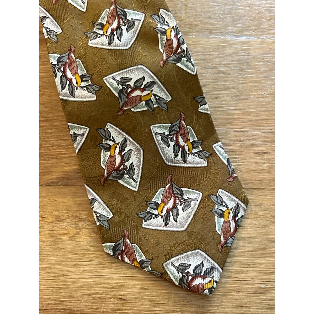 Vintage Burberrys of London Silk Tie Mens Brown Bird Print Necktie Made USA
